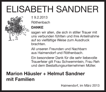 Traueranzeige von Elisabeth Sandner von Pegnitz-Zeitung